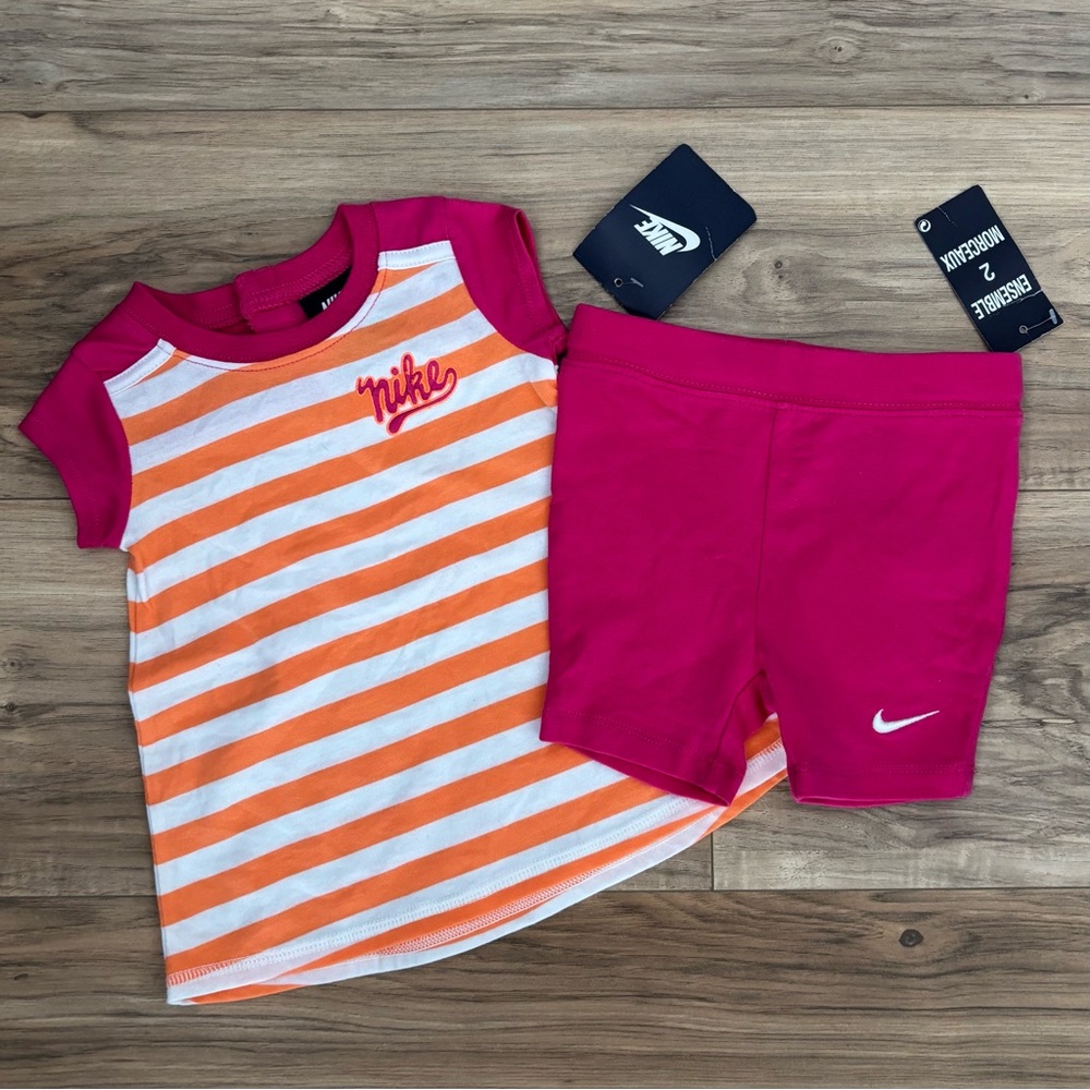 Nike Orange and Pink Striped Tee with Shorts